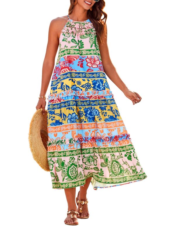 Women's Maxi Boho Dress Casual Summer Loose Long Floral Sundresses Flowy Halter Tiered Beach Vacation Outfits