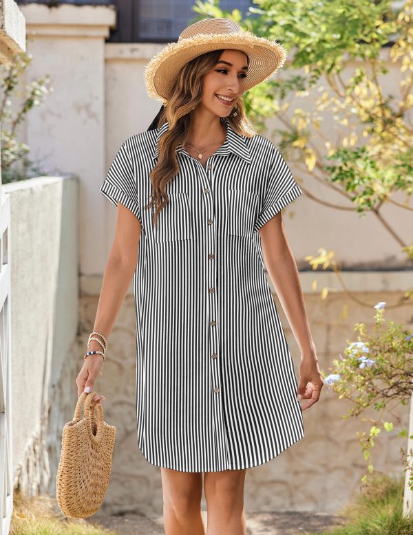 81PFHd5AaiL.jpg Womens Button Down Shirt Dress Summer Cotton Linen Dress V-Neck Mini Dress Casual Short Sleeve Loose Tunic Dresses