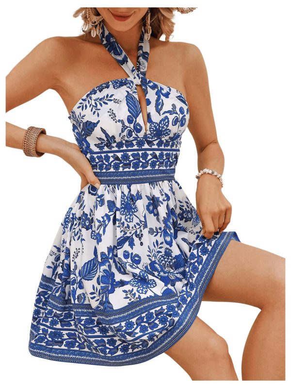 81QfViv1E6L.jpg Women's Boho All Over Print Halter Dress Shirred Back Summer Vacation Flared A Line Mini Dresses