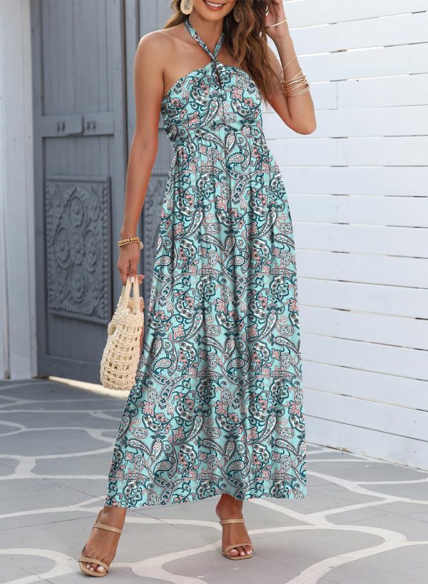 81QsT0IV7ZL.jpg Women's Summer Dresses Halter Neck Sleeveless Backless Flowy A Line Boho Maxi Dress