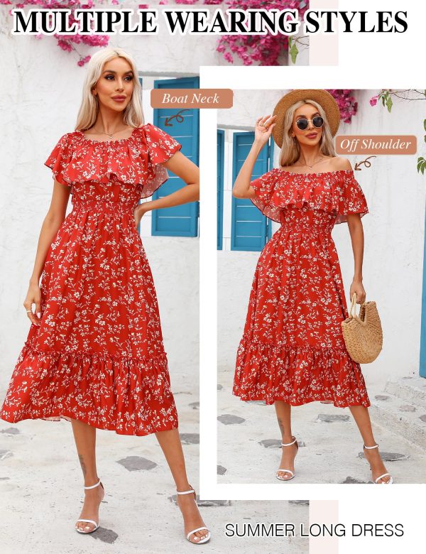 81ReNtyqdpL.jpg Women's 2025 Spring Summer Boho Off Shoulder Midi Dress Floral Short Sleeve A Line Casual Beach Vacation Dresses