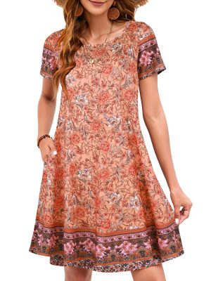 Women's Summer Dresses 2025 Beach Boho Sundress Short Sleeve Loose Casual Tshirt Dress with Pockets