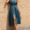 81Rx8Tb8aL.jpg Women's Linen Midi Dress V Neck Sleeveless Waist Belt Slit Dresses with Pockets 100% Linen