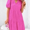 Eyelet Summer Dresses for Women Mini Casual Hollow Out Short Sleeve Lace Tiered V Neck Shift Dress with Pockets