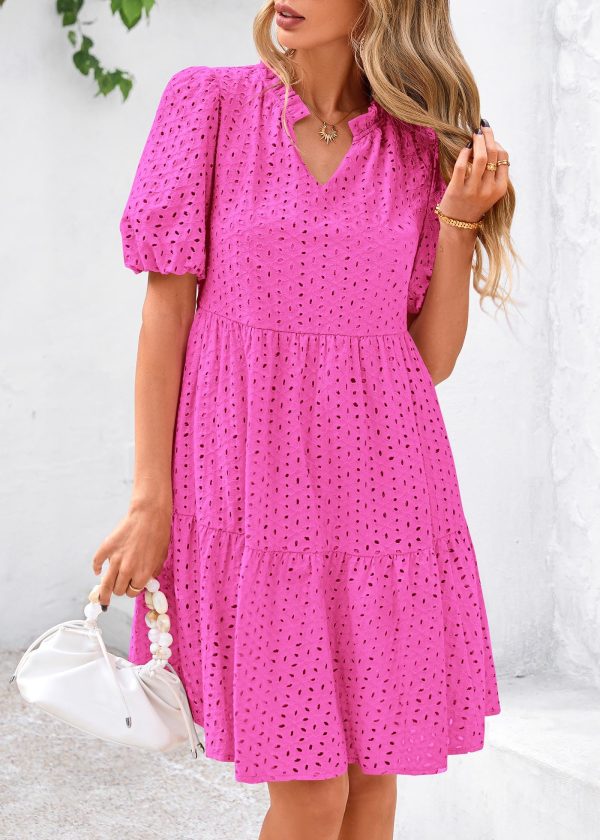 Eyelet Summer Dresses for Women Mini Casual Hollow Out Short Sleeve Lace Tiered V Neck Shift Dress with Pockets