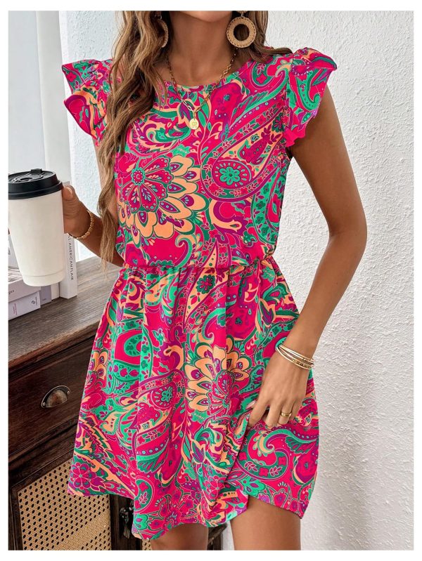 81SPaNaJdtL.jpg Women's Boho Print Tie Back Mini Dress Ruffle Cap Sleeve Crew Neck Vacation Dresses