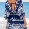Women Casual Boho Sundress Summer Floral Print Tie Front Dress 3/4 Sleeves Paisley Beach Mini Dresses