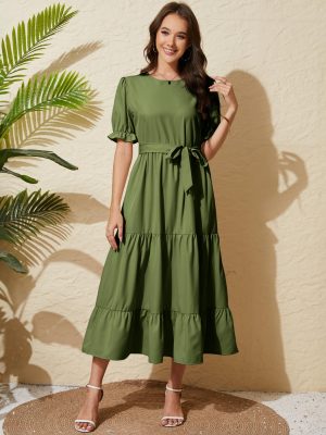 Women's Tiered Midi Dress with Tie Waist Flowy Summer Casual Short Sleeve Boho Swing Dress with Pocket