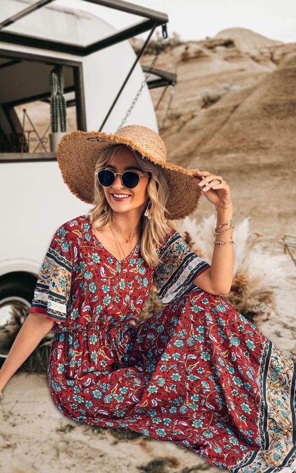 81Vnjs6O2L.jpg Women's Summer Boho Floral Dress Casual Beach Vacation Sundress V Neck Short Sleeve Long Maxi Dresses