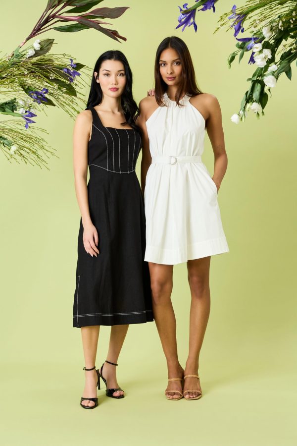 Women's Square Neck Midi Linen Rayon A-line Sleeveless Tailored Summer Wedding Guest Cocktail Dress