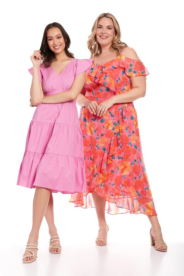 Women's Cotton Poplin V-Neck Tiered Feminine Easy Summer Vacation Dress