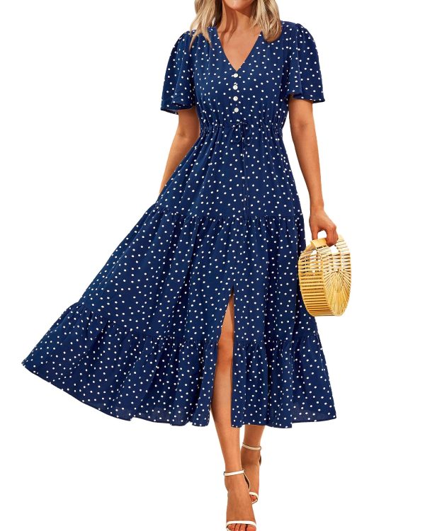 81Yn340o-0L.jpg Women Summer Dresses 2025 Casual Short Sleeve V Neck Split Maxi Dress Button Drawstring Beach Long Dress