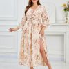 81YtdG6Gw4L.jpg Women's V Neck Floral Dress Bell Half Sleeve Smocked Waist Side Split Flowy A Line Maxi Wedding Guest Dresses