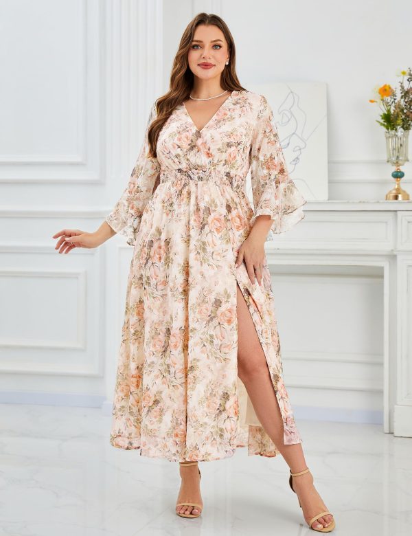 81YtdG6Gw4L.jpg Women's V Neck Floral Dress Bell Half Sleeve Smocked Waist Side Split Flowy A Line Maxi Wedding Guest Dresses