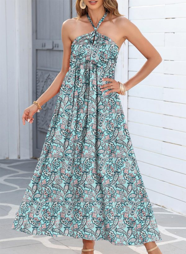 81ZTDSm7PPL.jpg Women's Summer Dresses Halter Neck Sleeveless Backless Flowy A Line Boho Maxi Dress