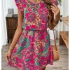 81ZlzgAaz0L.jpg Women's Boho Print Tie Back Mini Dress Ruffle Cap Sleeve Crew Neck Vacation Dresses