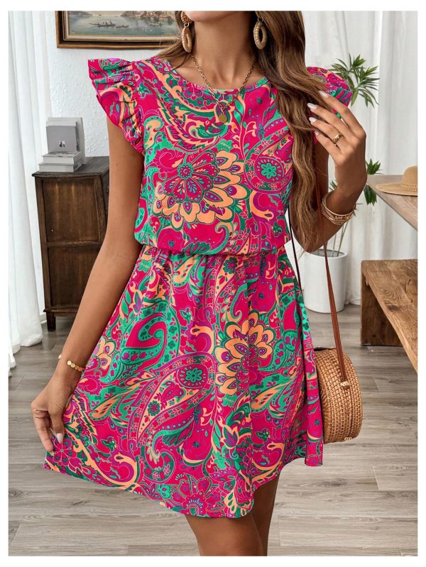 81ZlzgAaz0L.jpg Women's Boho Print Tie Back Mini Dress Ruffle Cap Sleeve Crew Neck Vacation Dresses
