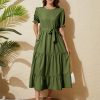 81b7YTOauL.jpg Women's Tiered Midi Dress with Tie Waist Flowy Summer Casual Short Sleeve Boho Swing Dress with Pocket
