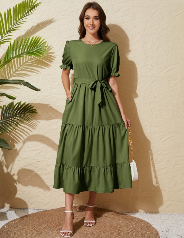 81b7YTOauL.jpg Women's Tiered Midi Dress with Tie Waist Flowy Summer Casual Short Sleeve Boho Swing Dress with Pocket