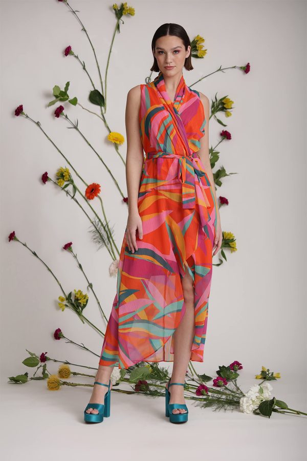 Women's Faux Wrap Shawl Collar High-Low Dress with Waist Tie