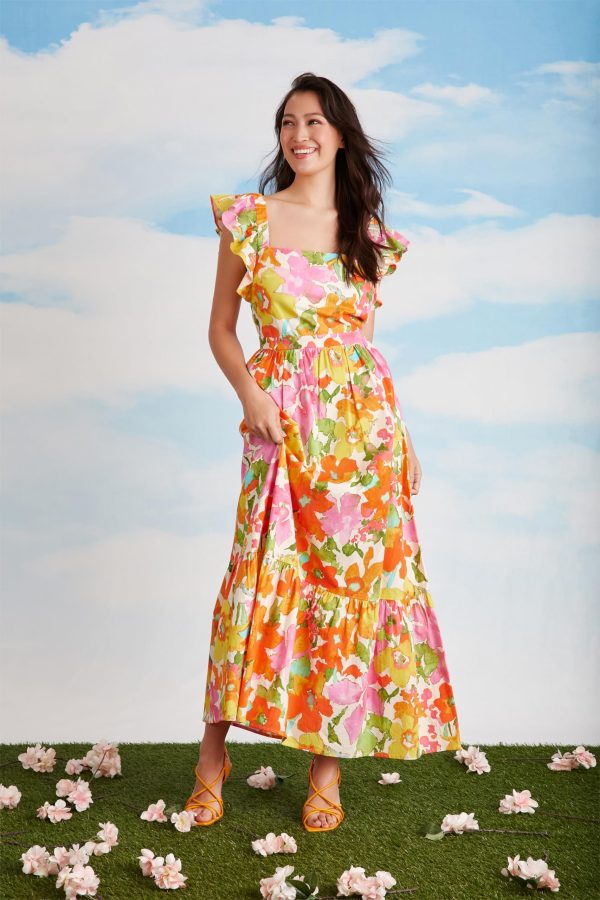 Women's Elastic Ruffle Sleeve Square Neck Maxi Dress Easy Summer Fun Vacation