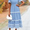 Women's Casual Summer Maxi Dress Short Sleeve Swiss Dot V Neck Smocked Long Flowy Beach Dresses