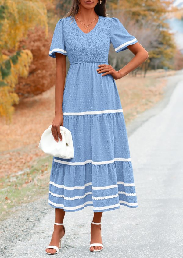 Women's Casual Summer Maxi Dress Short Sleeve Swiss Dot V Neck Smocked Long Flowy Beach Dresses