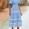 Women's Casual Summer Maxi Dress Short Sleeve Swiss Dot V Neck Smocked Long Flowy Beach Dresses