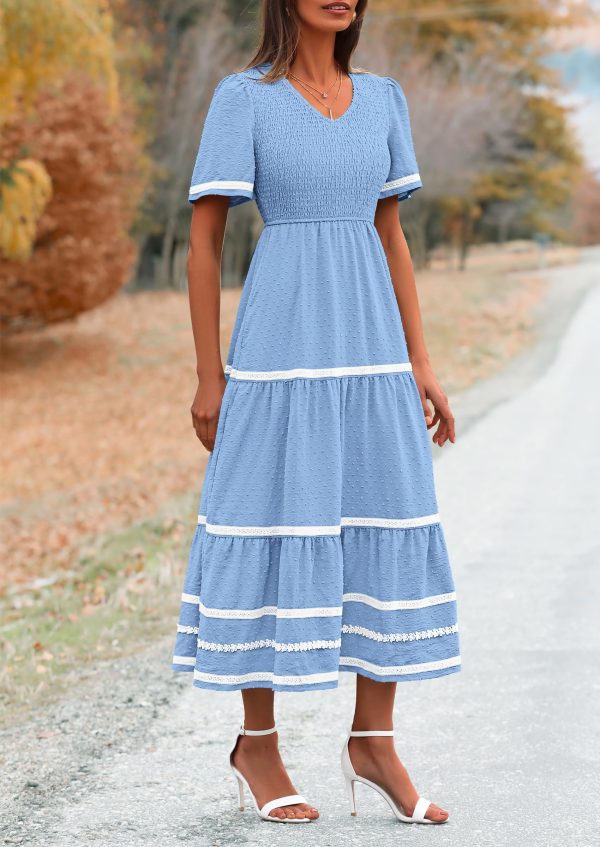 Women's Casual Summer Maxi Dress Short Sleeve Swiss Dot V Neck Smocked Long Flowy Beach Dresses