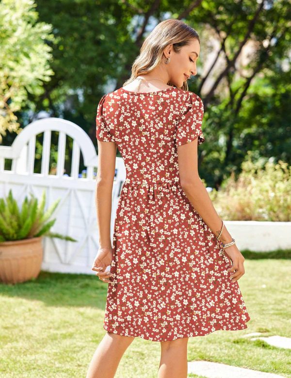 81jhqefEE5L.jpg Womens Summer Dress Mini Petal Short Sleeve Dresses Pleated Button Down V Neck Floral Beach Swing Vacation Dress 2025
