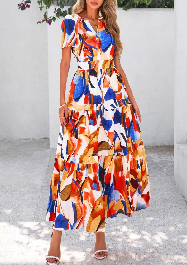 81kOghS8dvL.jpg Women's 2025 Summer Boho Maxi Dresses Floral Short Sleeve V Neck A Line Tiered Flowy Long Beach Vacation Dress
