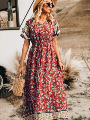 Women's Summer Boho Floral Dress Casual Beach Vacation Sundress V Neck Short Sleeve Long Maxi Dresses