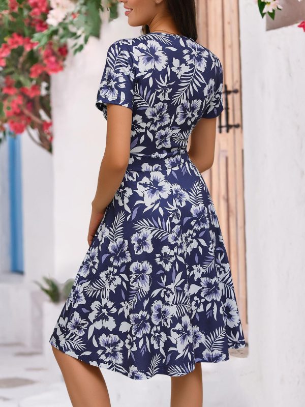 81nfTDCfKjL.jpg Womens Summer Wrap V Neck Casual Dresses Floral Short Sleeve A-Line Midi Sundress