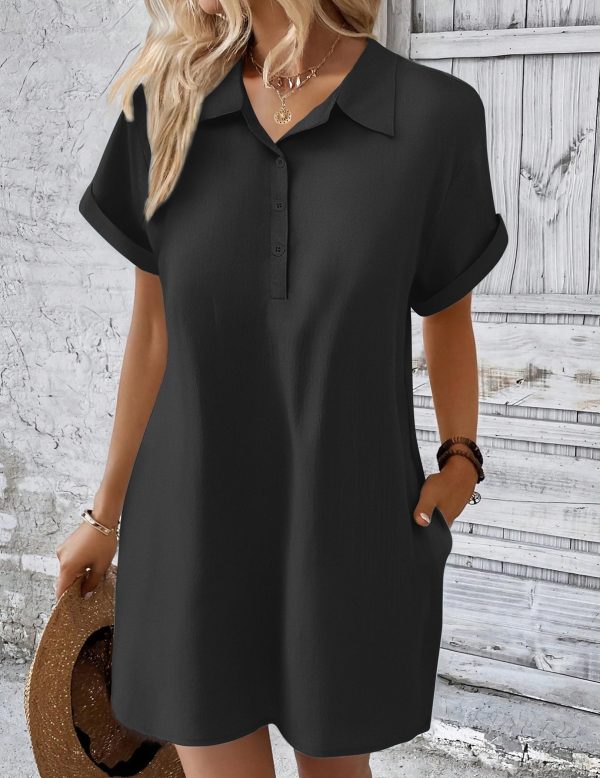 Womens Cotton Shirt Dress Summer Casual Short Sleeve Button Down Beach Cover Up Shirts with Pockets