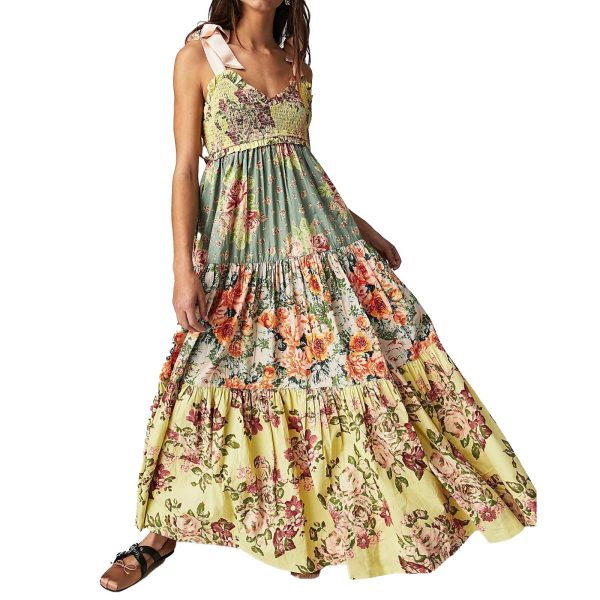 81oZpkgzZL.jpg Women Floral Boho Sundress Tie Shoulder Smocked Patchwork Flowy Maxi Dresses with Pockets Summer Fall