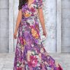 Womens Long Maxi Summer Floral Print Short Sleeve Flowy Modest Maxi Dress Gown