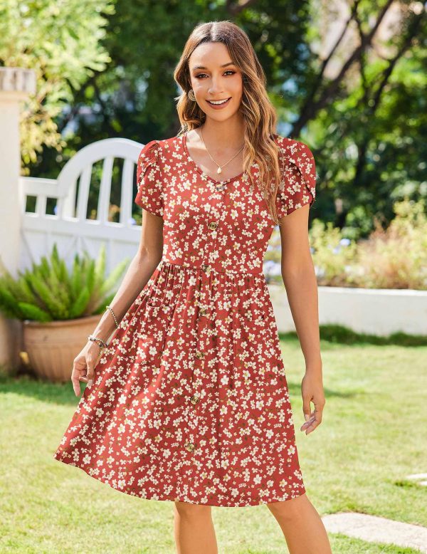 81qW2Y2FR6L.jpg Womens Summer Dress Mini Petal Short Sleeve Dresses Pleated Button Down V Neck Floral Beach Swing Vacation Dress 2025