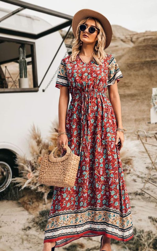 81rSES5AnL.jpg Women's Summer Boho Floral Dress Casual Beach Vacation Sundress V Neck Short Sleeve Long Maxi Dresses