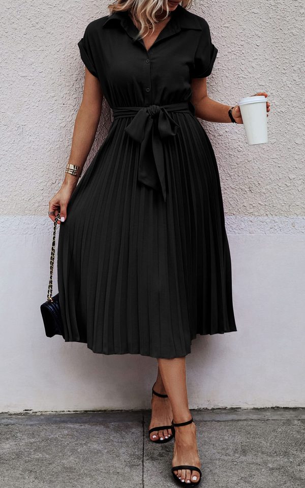 81rU61MqJKL.jpg Womens Casual Midi Dresses Solid V Neck Short Sleeve Button Shirt Belted Dress with Pockets for Spring Summer 2025