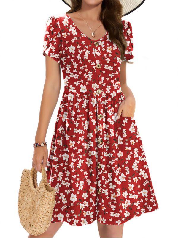 81sDMBjeiKL.jpg Womens Summer Dress Mini Petal Short Sleeve Dresses Pleated Button Down V Neck Floral Beach Swing Vacation Dress 2025
