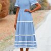 Women's Casual Summer Maxi Dress Short Sleeve Swiss Dot V Neck Smocked Long Flowy Beach Dresses