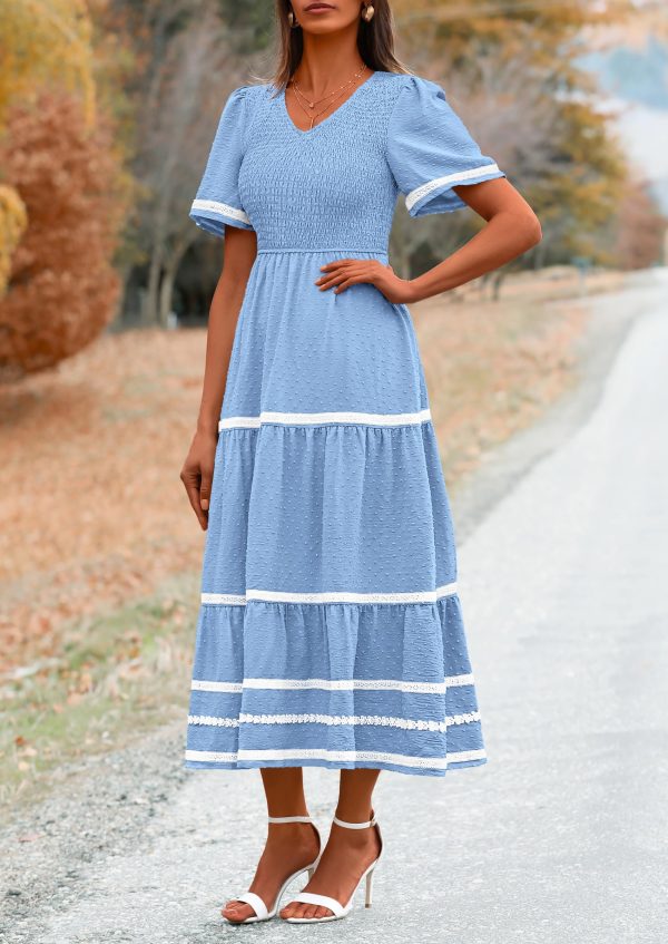 Women's Casual Summer Maxi Dress Short Sleeve Swiss Dot V Neck Smocked Long Flowy Beach Dresses