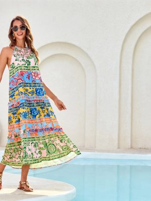 81uNckhxwGL.jpg Women's Maxi Boho Dress Casual Summer Loose Long Floral Sundresses Flowy Halter Tiered Beach Vacation Outfits