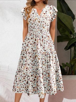 Womens Summer Casual Dresses Ruffle Sleeve V Neck Midi Dress Flowy Tiered Dress with Pockets Boho Sundresses