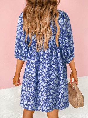 Womens Summer Dresses 2025 Boho Floral Drawstring V Neck Chiffon Lantern Sleeve Beach Vacation Mini Dress Sundress