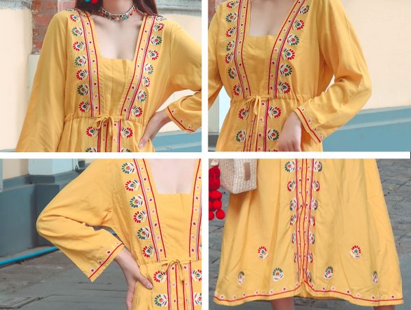 Summer Scoop Neckline Long Sleeves Bow Blet Vacation Travel Hooded Maxi Dress