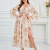81woDJPMzKL.jpg Women's V Neck Floral Dress Bell Half Sleeve Smocked Waist Side Split Flowy A Line Maxi Wedding Guest Dresses