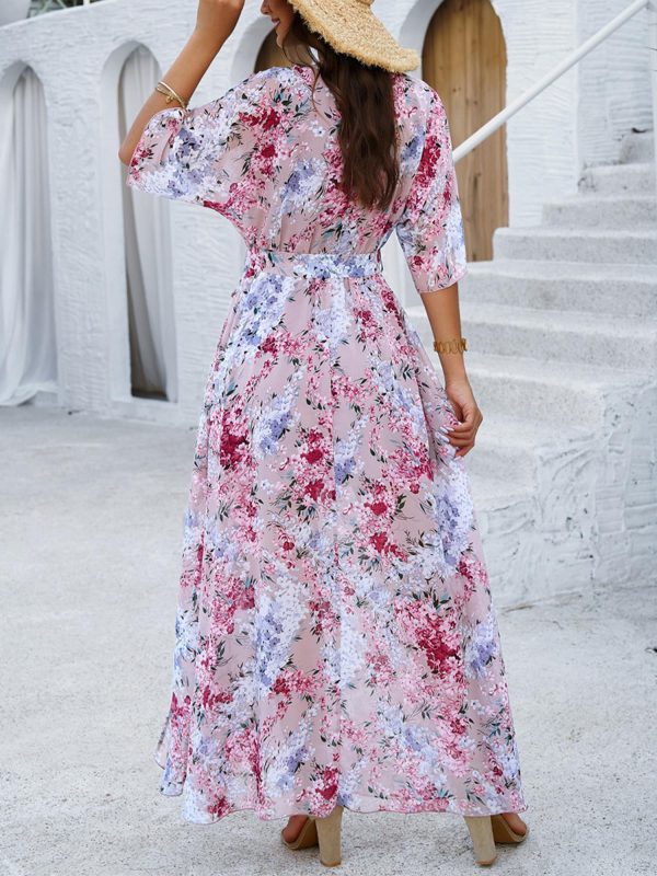 Womens Half Sleeve Wrap V Neck Chiffon Floral Casual Maxi Dress Spring Summer Wedding Guest Dresses for Women 2025