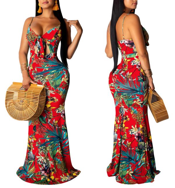 Women's Summer Floral Spaghetti Strap Long Maxi Dresses Low-Cut Bohemian Beach Sundress
