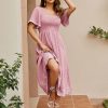 Women's Short Sleeve Smocked Square Neck A Line Summer Flowy Maxi Long Dress